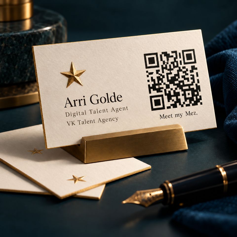Arri Golde’s business card, Digital Talent Agent at VK Talent Agency, with a gold star, a QR code and the line “Meet my Mez.”