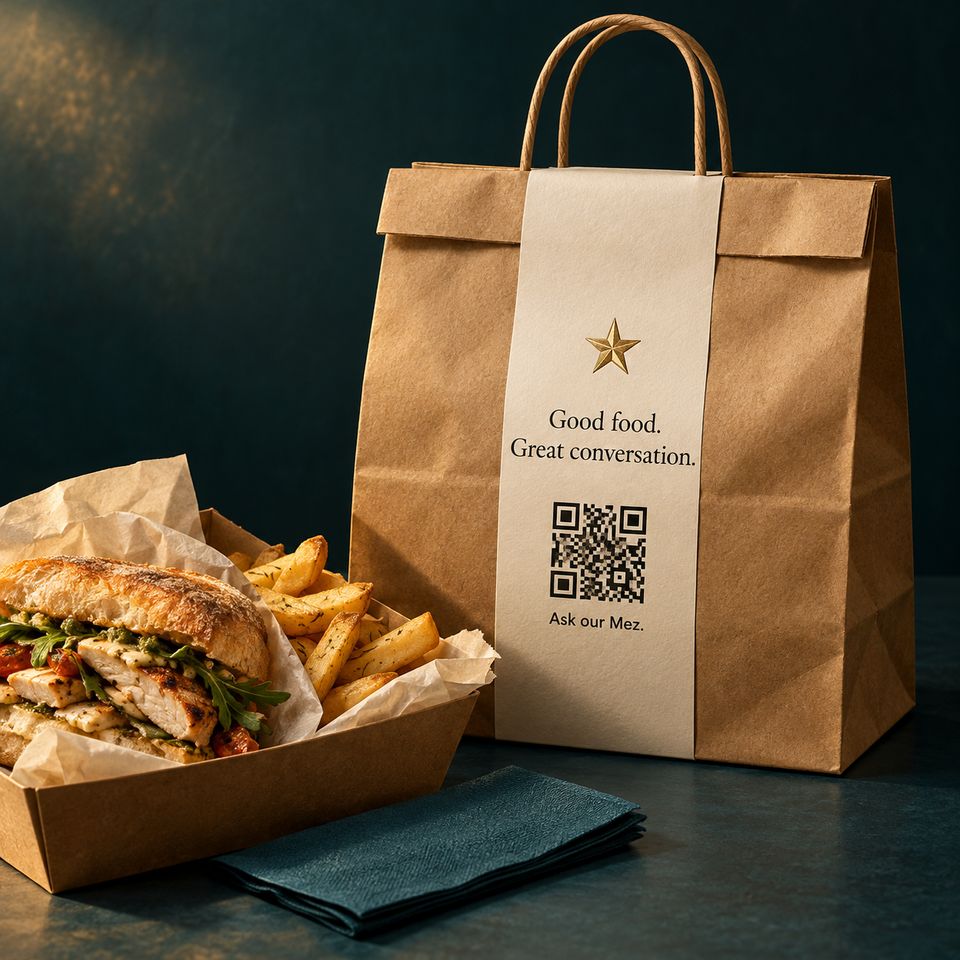 A takeout bag sealed with a label reading “Good food. Great conversation. Ask our Mez.” beside a sandwich and fries.