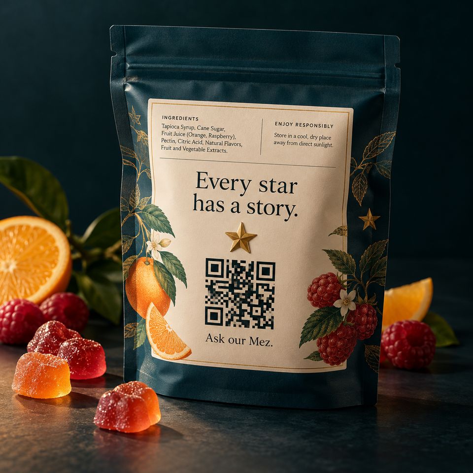 The back of a fruit gummies pouch with a gold star, a QR code and the words “Every star has a story. Ask our Mez.”