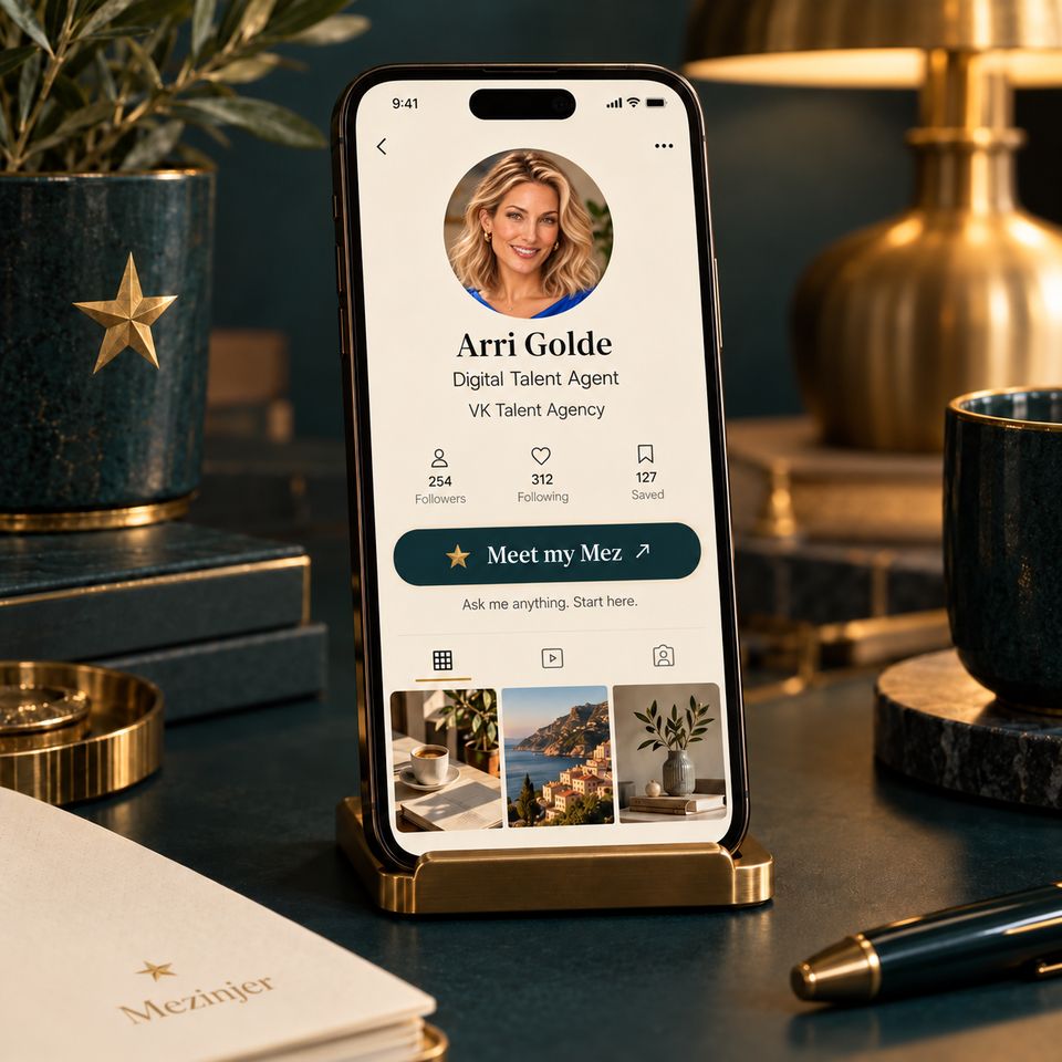 A phone on a brass stand showing Arri Golde’s social profile, with a “Meet my Mez” button under her name and title.