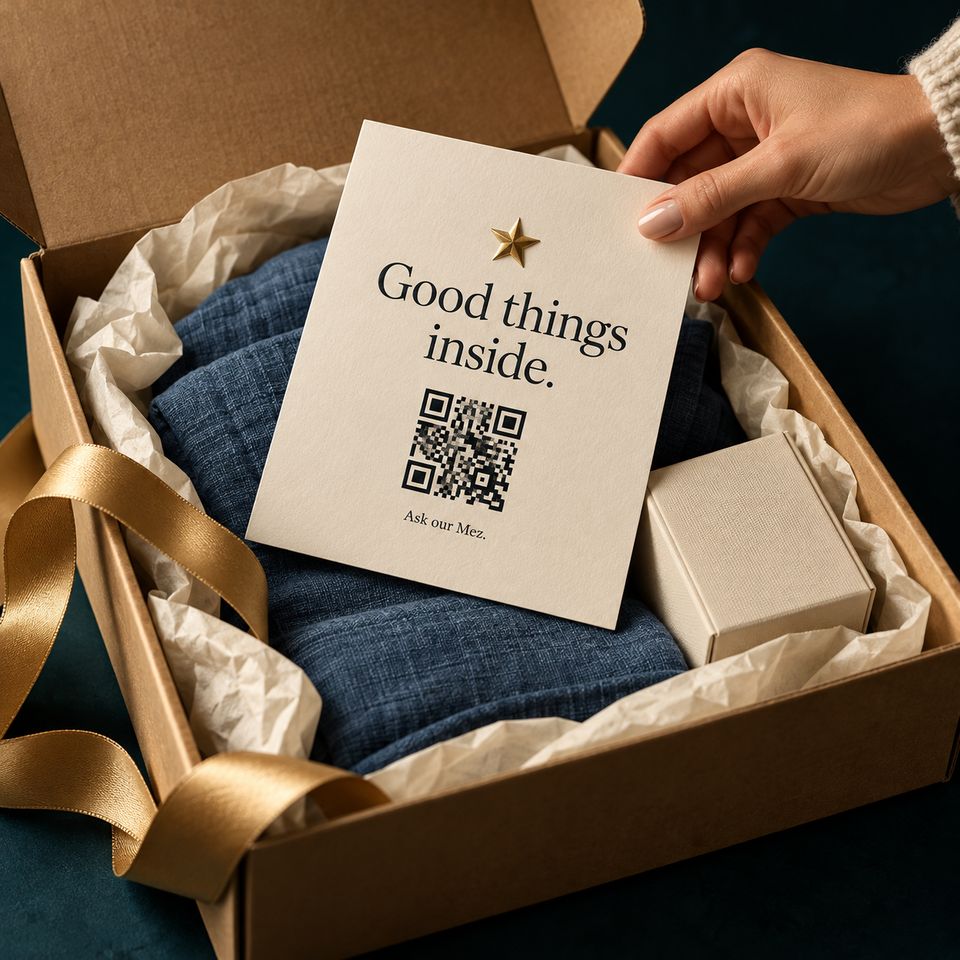 A hand placing a cream card that reads “Good things inside. Ask our Mez.” with a QR code into a packed gift box.