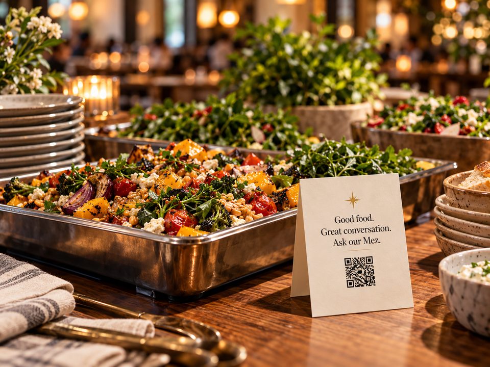A catering tray of roasted vegetables and grains with an “Ask our Mez” QR table tent on a buffet.