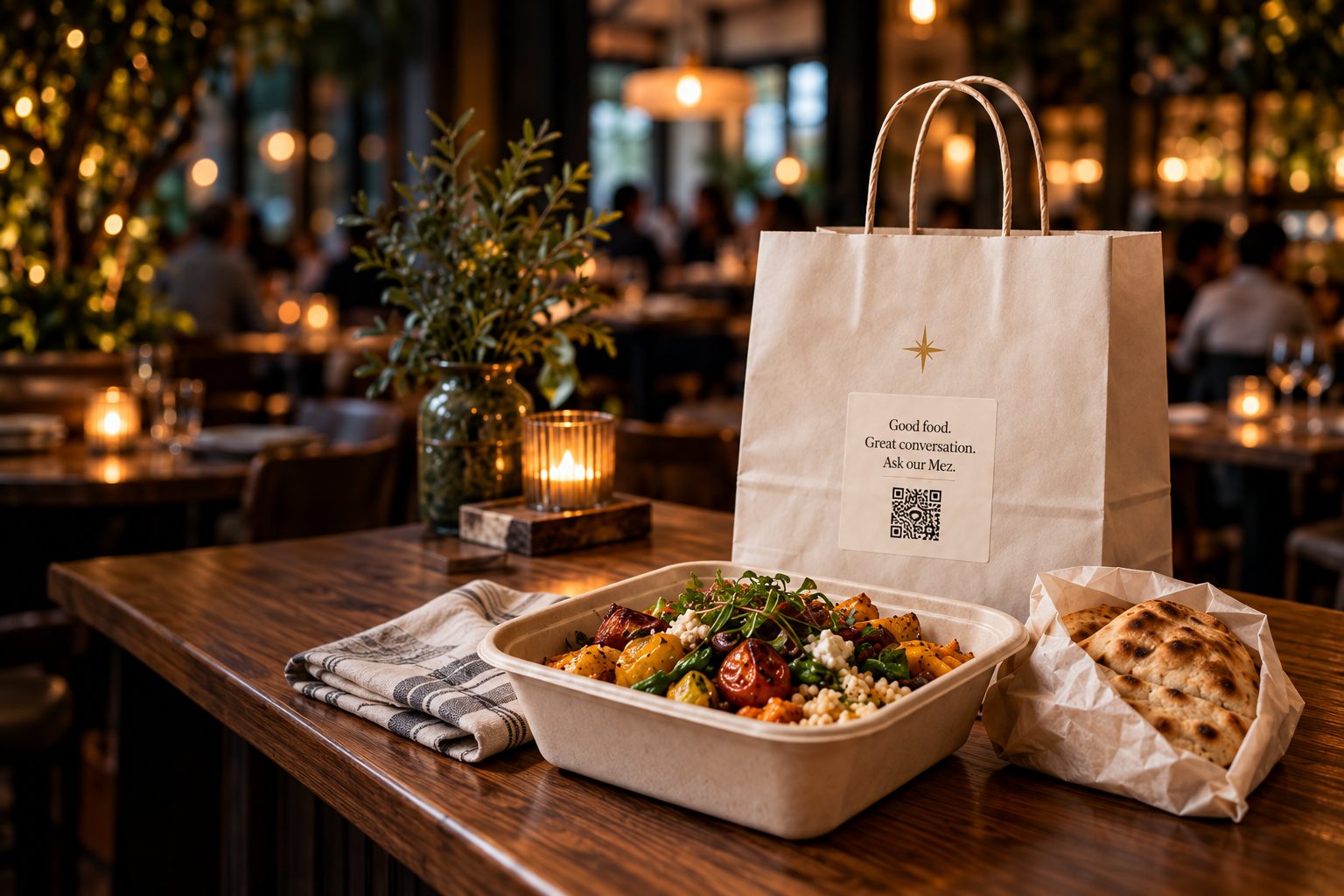 A kraft takeaway bag with a gold star and a “Good food. Great conversation. Ask our Mez.” QR label, beside a bowl of roasted vegetables and warm flatbread on a candlelit restaurant table.
