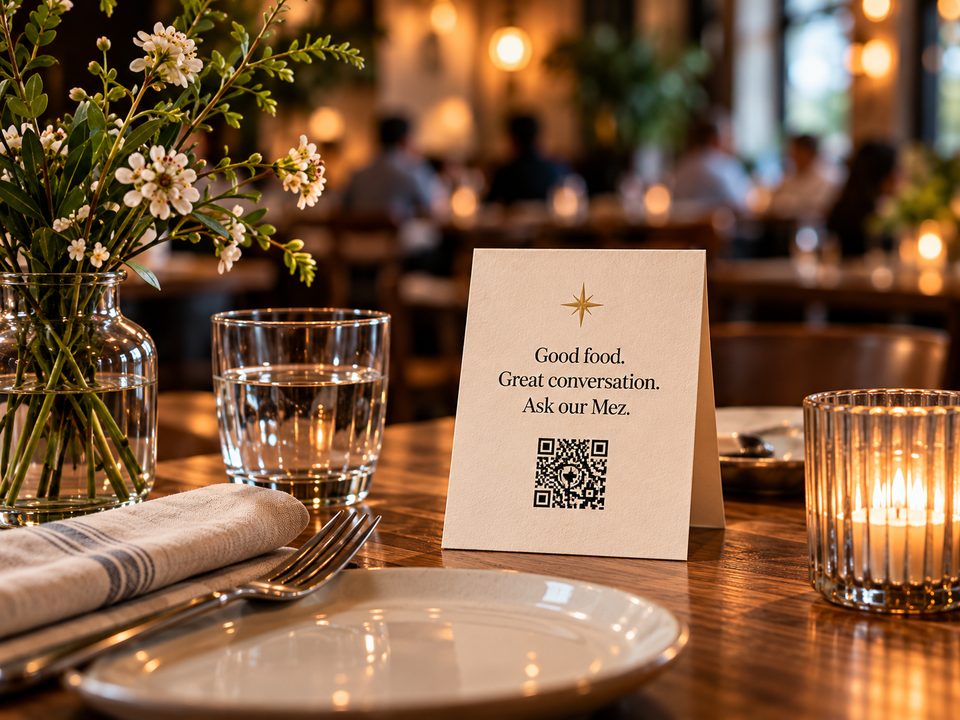 A cream table tent with a gold star and an “Ask our Mez” QR, set beside a water glass, flowers and a candle.