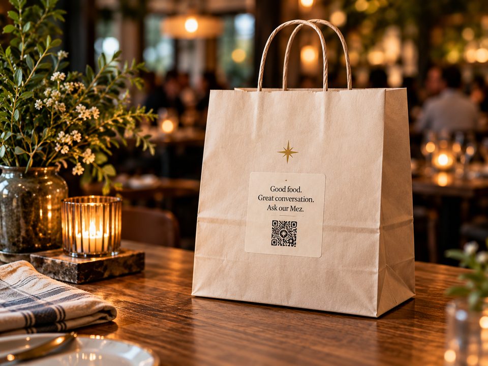 A kraft takeaway bag on a restaurant table with a QR label that reads “Good food. Great conversation. Ask our Mez.”
