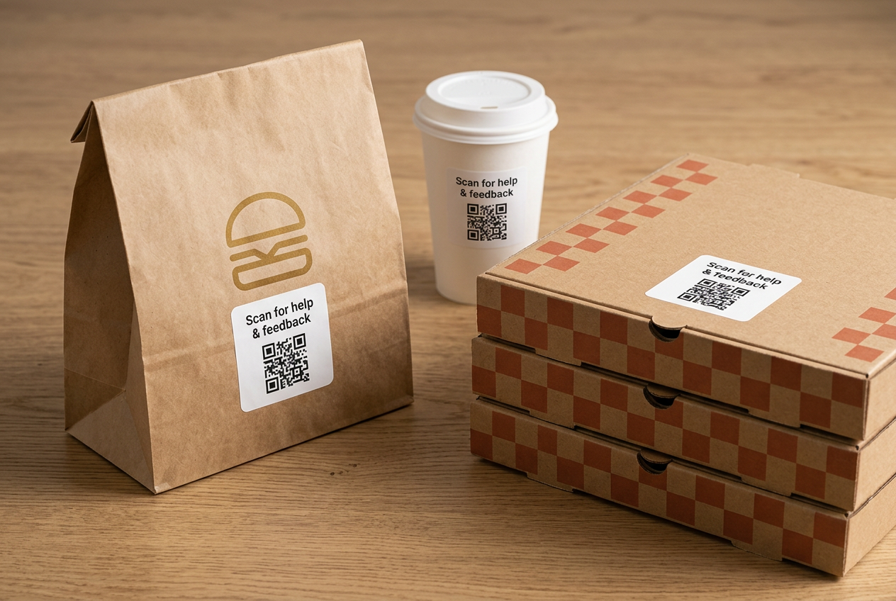 QR stickers on a takeout bag, cup and pizza boxes