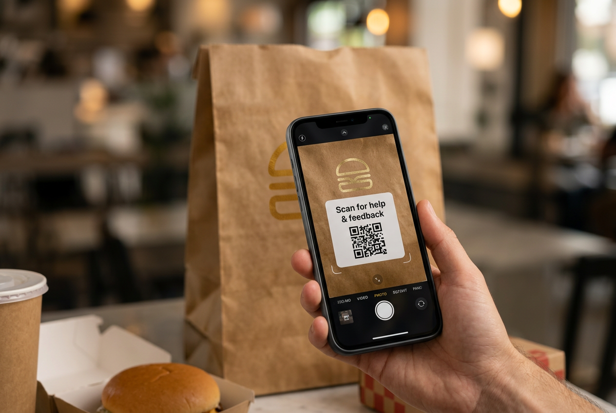 Customer scanning a takeout bag QR sticker with a phone